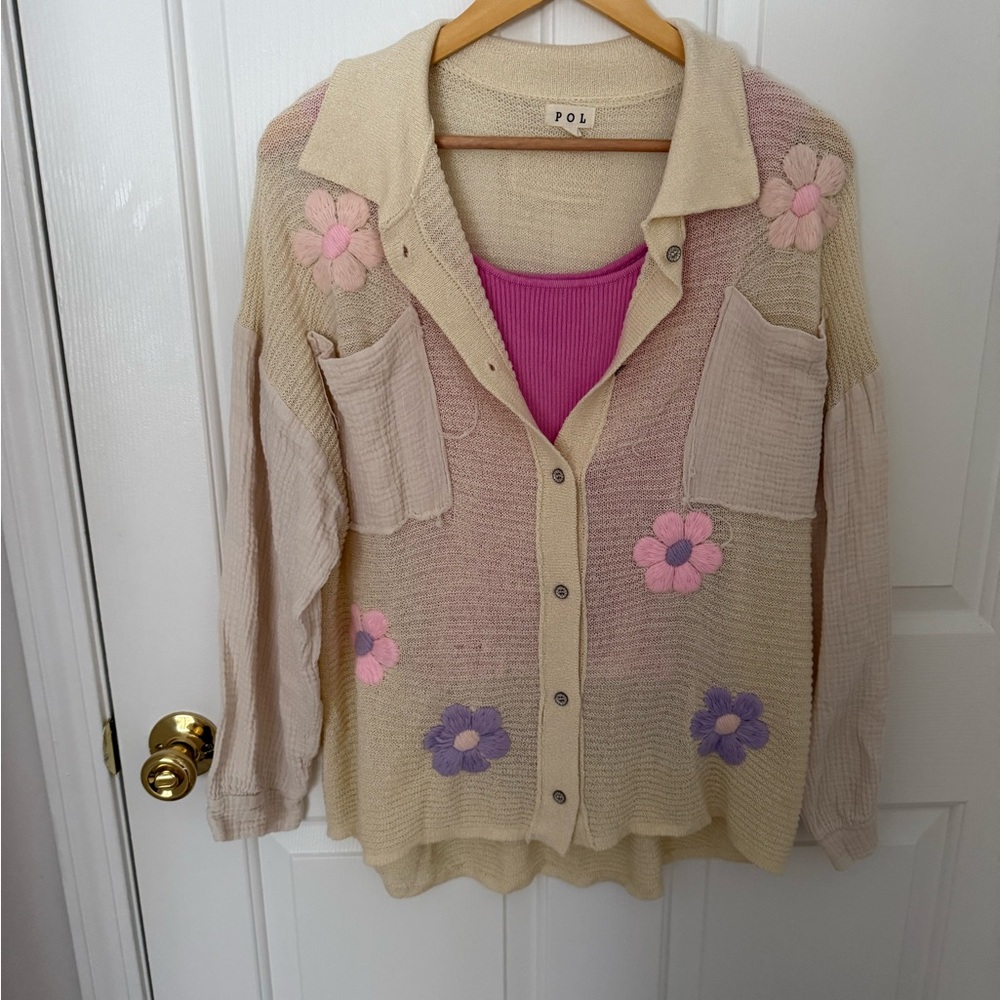 POL Floral Knit Button-Up Shirt Jacket in Cream with Pink & Purple Flowers